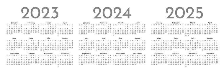 Set of black and white monthly calendar templates for 2023, 2024, 2025 years. Week starts on Sunday. Album layout calendar in a minimalist style. Horizontal table grid. Agenda organizer