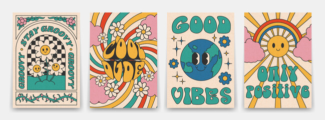 Groovy posters 70s. Retro poster with psychedelic characters, sun rays and rainbow, flowers, vintage prints, isolated - obrazy, fototapety, plakaty