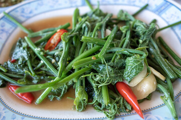 Thai style, Stir Fried spicy Chayote leaf.