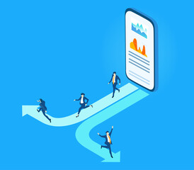 Business people running towards the arrow sign, make decisions, solving the problems, making decisions and progress. Isometric environment  illustration