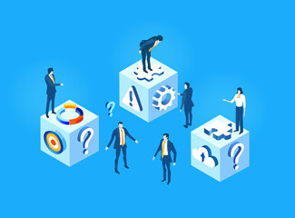 Business people working together, having a meeting, solving the problems, making decisions and progress. Isometric environment illustration