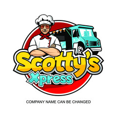 Mobile food truck with chef Vector illustration, editable company name