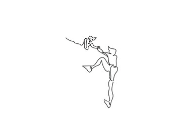 two people trying to climb hill in nature and helping each other