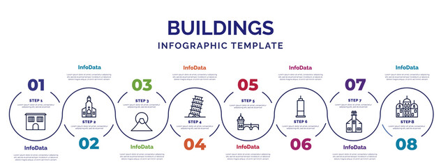 infographic template with icons and 8 options or steps. infographic for buildings concept. included prison, fuji mountain, pisa tower, charles bridge, trade center, moot hall, gurdwara icons. - obrazy, fototapety, plakaty