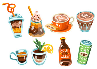 Set of vector illustration of coffee based drinks. Icons, stickers, social media, menu. Blue, orange, brown, beige, yellow colors. Hand drawn cartoon flat vector illustration