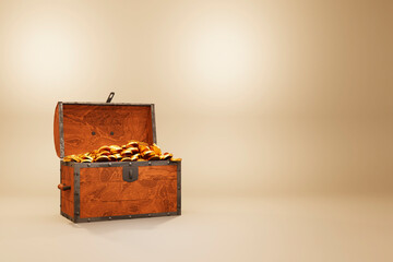 Wooden open chest with gold coins or treasure on beige background. 3d rendering illustration.