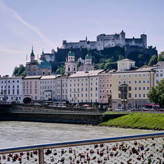 Fototapeta na wymiar View from the city of Salzburg on the Hohensalzburg Fortress on the Festungsberg mountain, Austria