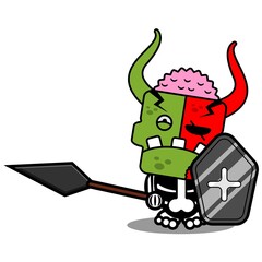 cartoon character costume vector illustration
cute zombie demon mascot holding spear and shield