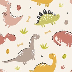cute hand-drawn kids illustration with dinosaurs in scandinavian style, print, poster. Reptiles, dinosaurs, tyrannosaurs.