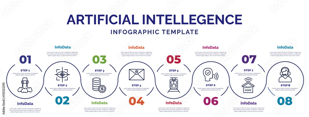 Poster infographic template with icons and 8 options or steps. infographic for artificial intellegence conc