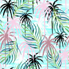 Palm print on blue sea background, seamless tropical pattern