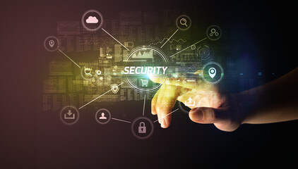 Hand touching cybersecurity button concept