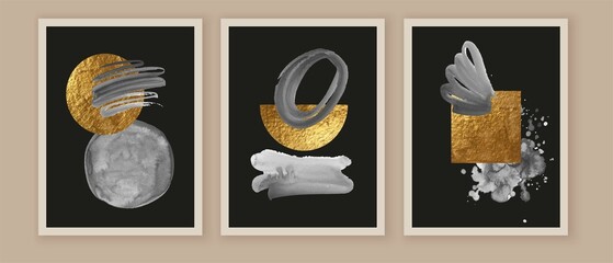 ПечатьElegant abstract watercolor wall art triptych. Composition in black, white, grey, gold. Modern design for print,  card, cover, poster.