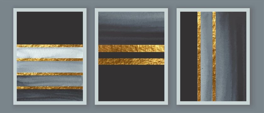 Elegant abstract watercolor wall art triptych. Composition in black, white, grey, gold. Modern design for print,  card, cover, poster. Golden foil lines, grey brush strokes.