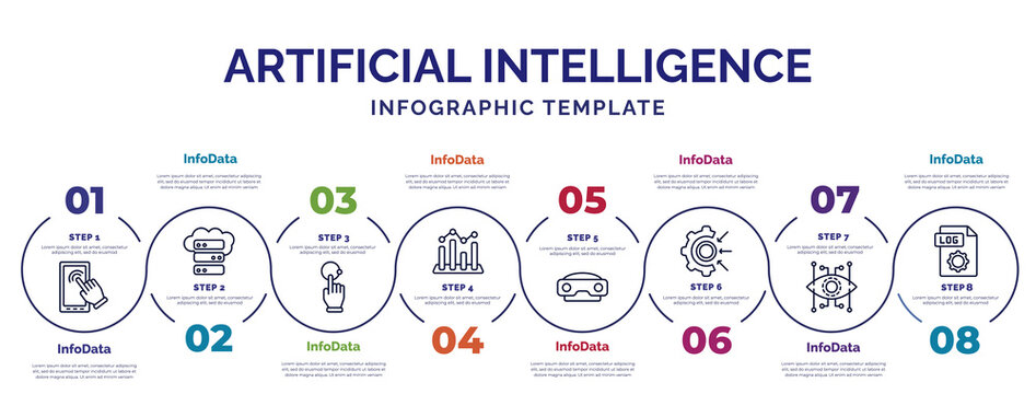 Infographic Template With Icons And 8 Options Or Steps. Infographic For Artificial Intelligence Concept. Included Touch Screen, Interactivity, Value, Stereoscope, Goals, Bionic, Log File Icons.