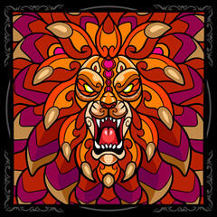 Colorful lion head zentangle arts. isolated on black background