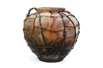 Old clay pot with wire isolated on white background