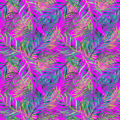 Pink neon tropical seamless pattern, watercolor foliage print