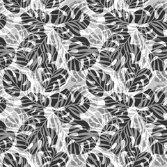 Black and white tropical seamless pattern with exotic leaves