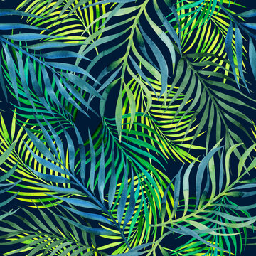 Night jungle seamless tropical pattern, watercolor palm print on black background