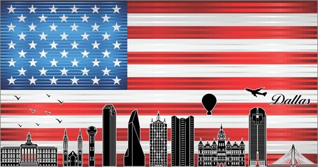 Dallas city skyline with flag of USA on background - illustration, 
Shiny Grunge flag of the USA