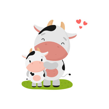 Cute Cow with baby. Cartoon style. Vector illustration. For kids stuff, card, posters, banners, children books, printing on the pack, printing on clothes, fabric, wallpaper, textile or dishes.