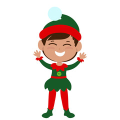 Little cute elf stands straight and smiles cheerfully. Mood of fun, Christmas and holiday. Christmas illustration in cartoon style isolated on white background.