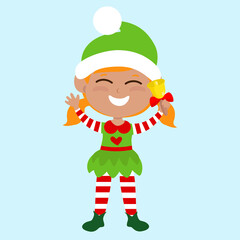 The elf stands straight and holding a bell in his hand. The child is happy and smiling and he is delighted. The child is wearing traditional elf clothing and striped tights. 