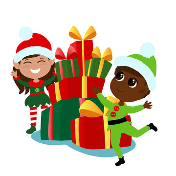 Little cute elves stand near a huge pile of gifts and smile cheerfully. Mood of fun, Christmas and holiday. Christmas illustration in cartoon style isolated on white background.