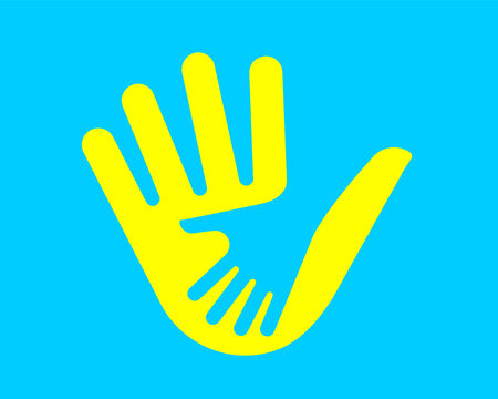 Stop the war in Ukraine. Save and help children. Helping hand in the color of the Ukrainian flag.