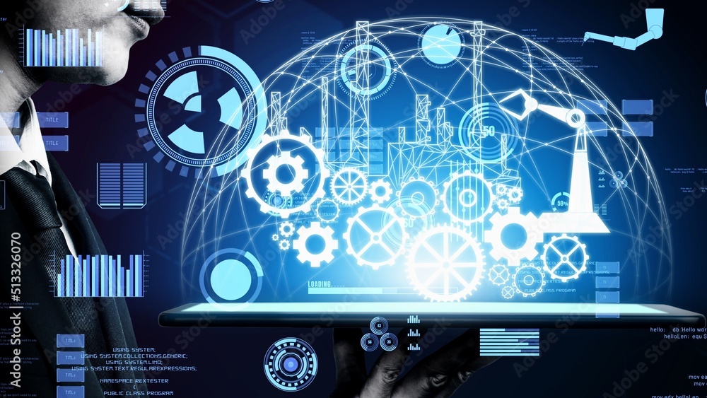 Poster futuristic industry 4.0 and inventive mechanized engineering concept with graphic user interface sho