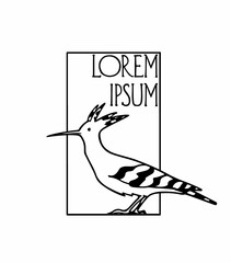 Vector card with hand drawn sweet Hoopoe in austere frame. Ink drawing, graphic style. Beautiful animal design elements, logo template © petrovskaya