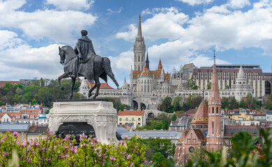 View of Buda side of Budapest, Hungary with the Buda Castle, St. Matthias and Fishermen's Bastion...