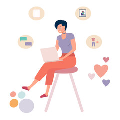 A young girl buys goods on the Internet, chatting, working online using her laptop computer. Flat vector illustration.