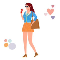 The girl drinks coffee, enjoys a cappuccino drink in a red mug, she is dressed in trendy clothes with a bag on her shoulder. Flat vector illustration on a white isolated background.
