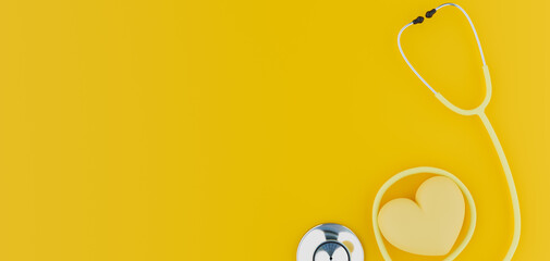 Heart and stethoscope on yellow background, 3D illustrations rendering