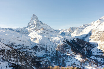 View of the Matterhorn during the day in winter. Zermatt, Switzerland