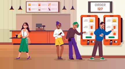 Cafe self service people. Restaurant electronic menu, food ordering, visitors use touchscreen terminal, modern digital self-service atm, paying gadget, charaters queue tidy vector concept