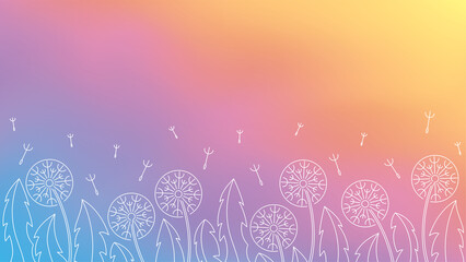 Blurry watercolor wallpaper with dandelion blowing flowers on rainbow background