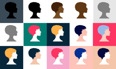Set of vector silhouettes of beautiful female faces in profile on an isolated background. Fashion illustration.Woman with a short colored haircut . Default avatar profile icon.EPS10.