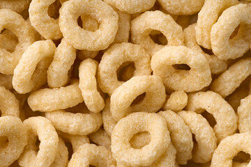 Variety of cold cereals, quick breakfast for kids overhead shot. Quick breakfast. Chocolate balls isolated on a white background. Rings isolated on a white background. 