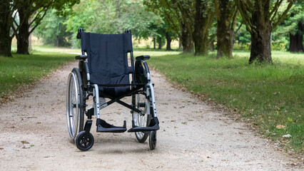 Wheelchair, on a path lined with trees, in the middle of a green park