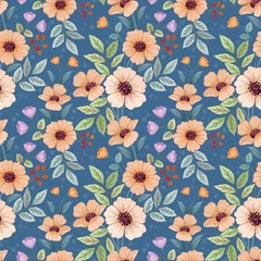 Meubelstickers Blooming  flowers on blue color background seamless pattern for fabric  textile  wallpaper. © teerawat
