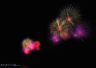    Multicolored fireworks contrast with the black night sky. 