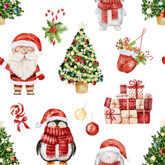 Watercolor Christmas pattern with Santa Claus, snowman, rabbit, penguin and other christmas elements isolated on white background.