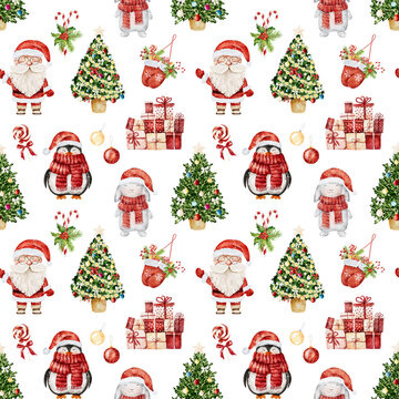 Watercolor Christmas pattern with Santa Claus, snowman, rabbit, penguin and other christmas elements isolated on white background.