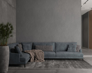 3d illustration. Modern interior of living room-kitchen of private house in dark gray tones, granite floor and concrete vase. Place for writing. 3d render.