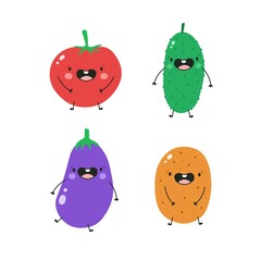 four funny vegetables with cute faces tomato, cucumber, eggplant and potato, kids stickers