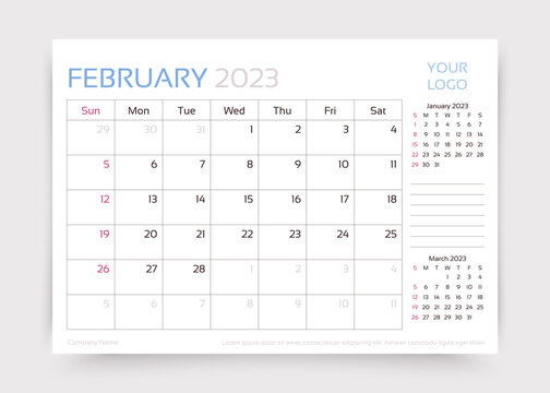 February 2023 year calendar. Planner calender layout. Week starts Sunday. Desk monthly organizer. Timetable template. Table schedule grid. Corporate diary. Vector simple illustration. Paper size A5