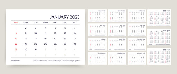 Calendar for 2023 year. Planner template. Week starts Sunday. Monthly calender organizer. Desk schedule grid with 12 month. Corporate yearly diary layout. Horizontal simple agenda. Vector illustration - obrazy, fototapety, plakaty